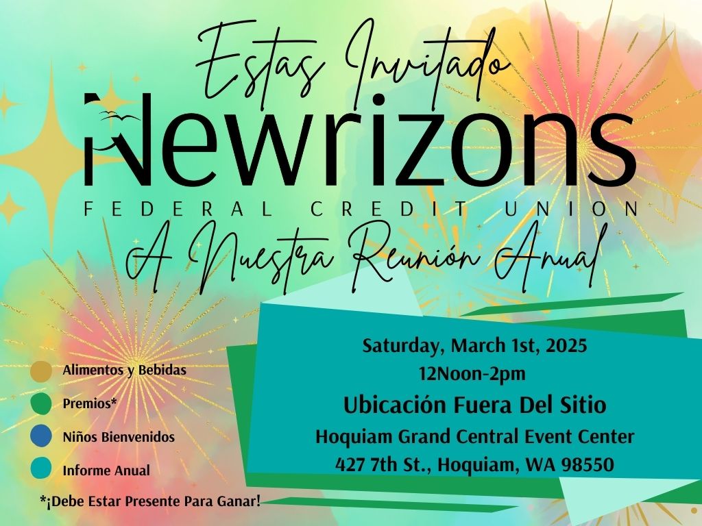 Estás invitado a nuestra reunión anual.
Sábado 1 de marzo, de 12.00 a 14.00 horas
Ubicación fuera del sitio. Centro de eventos Hoquiam Grand Central
427 7th ST., Hoquiam WA 98550
